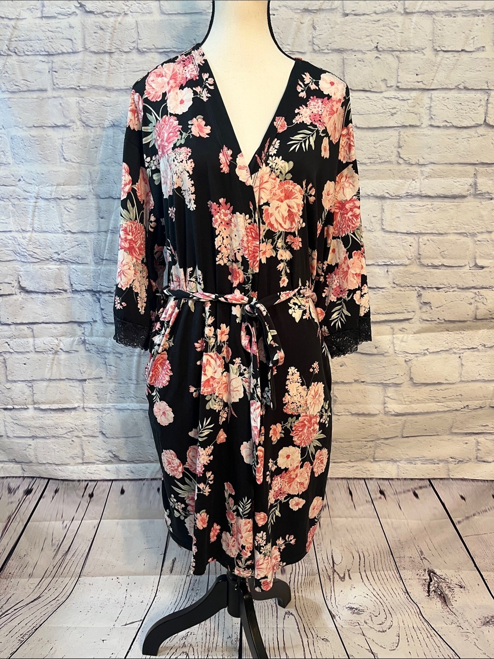 Flora Nikrooz Bathrobe Robe Lace Trim Detachable Belt Black Floral Size Large